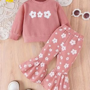 Kids P100972 Baby Meisjes Outfit Set, Schattig Bloemenprint Lange Mouw Trui & Bell Bottom Broek, Polyester Stretch Stof, Reguliere Pasvorm, Herfst/Winter Collectie, voor Buiten