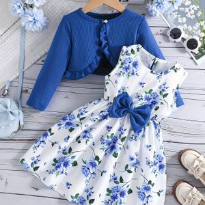 Meisjes Herfst/Winter Outfit: Vest en Gedrukte Jurk met Cardigan - Tweedelige Set