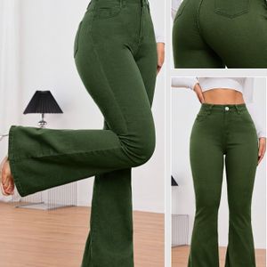 Groene High-Waisted Stretch Wijdpijp Jeans - Wijde Broek met Riemgesp & Rits, Slim-Fit Broek voor Casual en Formele Kleding, Wasmachinebestendig (Groen, Niet Zwart)
