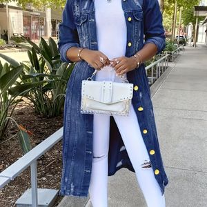 Dames Oversized Lange Jas - Wit Gewassen Franse Tip Gerafelde Zoom, Riemloze Casual tot Stijlvolle Longline Bovenkleding, Wasmachinebestendige /Herfstjas voor Jeans & Jurken (Geen riem nodig)