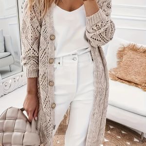 Women's Hollow Cardigan Sweater With Elegant Button Long Sleeves, Stylish Sweater, Plus Size Women's Clothing.