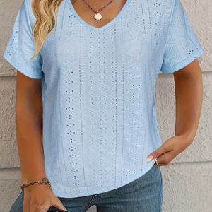 Elegant V-neck Short Sleeve Knitted Top, High Stretch Solid Color, For Women, Plus Size, Spring/summer/fall