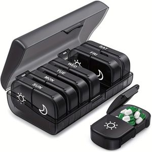 1 stuk 2 keer per dag pillendoosje, 7 dagen draagbaar, enkelzijdig, opening, gemakkelijk toegankelijk, individuele vakjes, privacybescherming, ontworpen voor buiten en thuis