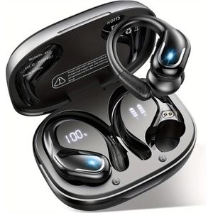 Wireless Oordopjes, Draadloze 5.3 In-Ear Hoofdtelefoon met EarHooks en HiFi Stereogeluid met Microfoon, Dubbele LED-Display, USB-C, Koptelefoons voor Sport en Hardlopen