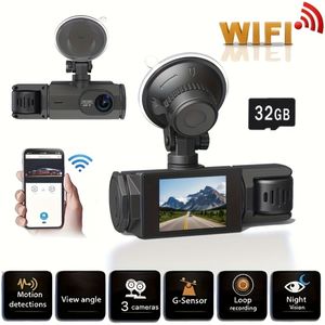 3-in-1 HD Dashcam met Wifi - 1080P Voor-, Achter- en Interieurlenzen, Nachtzicht, Loopopname, , Optionele 32GB SD-kaart, Auto-accessoires