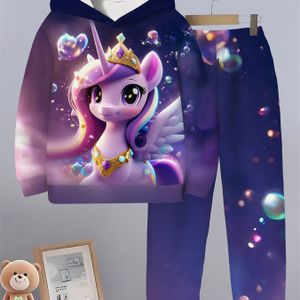 Nieuwe Cartoon Kroon Eenhoorn 3D Print Hoodie Set met Hart Bubble Regenboog Pony Hoed en Broek voor Kinderen, Trendy Meisjes Mode Casual K-Pop Outfit voor Herfst/Winter, Perfect voor Buiten