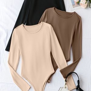 Chique Kleur Bodysuit voor Vrouwen - Hoge Stretch, Ronde Hals, Lange Mouwen - Perfect voor Lente/Zomer/Herfst - Machinewasbaar