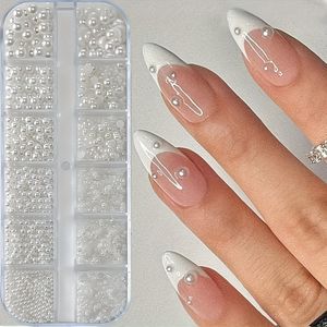 Ongeparfumeerde Nail Art Parelmoeren, Witte Kralen voor Knutselen en Nagels, Ronde en Halfronde Parel Decoraties met Platte Achterkant