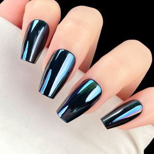 24 Stuks Zwarte Schitterende Elektrogeplateerde Heldere Oppervlaktes Korte T Trapeziumvormige Herbruikbare Nepnagels, Inclusief 1 Nagelvijl & 1 Jelly Lijm