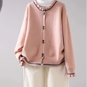 Plus Size - Lichtroze Cardigan voor dames met geborduurde afwerking en knoopsluiting - Casual sweater met lange mouwen voor herfst/winter, veelzijdige laag, sweaterjurk