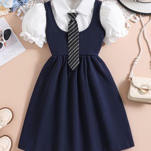 Preppy pakken voor meisjes en tieners, pak met strikkraag, bubbelshirt met korte mouwen + jarretelrokje, zoete stijl