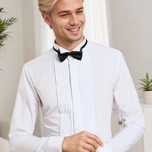 Herensmokingoverhemd met vleugelkraag, stropdas (2 strikstrikken), trouwfeest, concert, banket, zacht, glad, zijdezachte aanvoeling, ademend, lichtbeige comfortabel katoenen overhemd