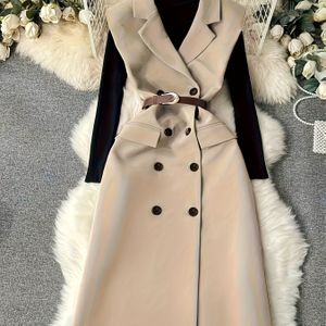 Vrouwen's Klassieke Casual Mouwloze Dubbelrijige Blazer Jas - Kleur met Riem, Machinewasbaar Op Maat Gemaakt, Elegant Kantoor- & Semi-Formele Buitenkleding, Veelzijdig Kledingstuk, Gladde Textuur