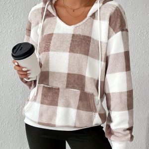 Vrouwen Pluche Fleece-gevoerde Hoodie - Knusse Ruitjesdetail, Contrasterende Kleurblokken, Relaxed Fit Casual Wintertrui, Wasmachinebestendig