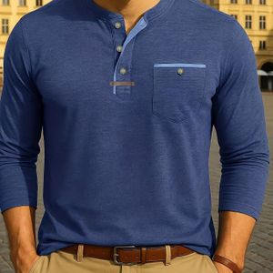 Plus Size Heren Casual Knoopsluiting Ronde Hals T-Shirt met Borstzak - Kleur Lange Mouw Henley Shirt voor Lente/Herfst, Wasmachine- en Stomerijbestendig, Dagelijks , PLUS SIZE