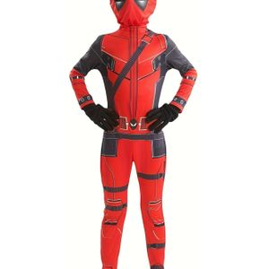Marvel Kids Superheld Deadpool - Officiële Deadpool Jumpsuit met Rode & Outfit, Stretchy Bodysuit met Capuchon, Themafeesten, Verjaardagsfeest voor Jongens & Meisjes Leeftijd 4-12 Jaar