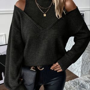 Elegante Off-Shoulder Trui met Hoge Hals voor Dames - Winter Warmte, Lange Mouw Ronde Hals Pullover met Strapless Design, Zachte Trui voor Herfst & Winter