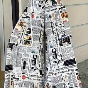 Newspaper Print Wide Leg Pockets Pants, Casual & High Waist Pants For , Women's Clothing