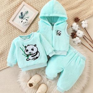 Schattige Unisex Baby Panda Fleece-gevoerde Dikke Hoodie + Broek + Vest Driedelige Set, Flanellen Warme Herfst/Winter Outfit - Perfect Cadeaukeuze, Ideaal voor Buiten