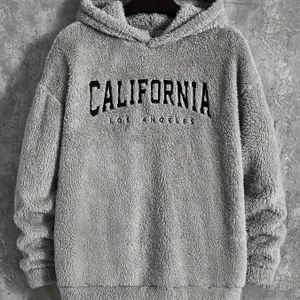 Gezellige California Geborduurde Fleece Hoodie - Casual Grijze Polyester Pullover met Los Angeles Motief, Machinewasbaar, voor Alle Seizoenen, Fleece Gevoerde Hoodie