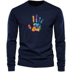 Trendy Heren-T-shirt Met Lange Mouwen En Ronde Hals Met Kleurrijk Handafdrukpatroon, Lente Herfst