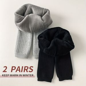 Set van 2 winterwarm verdikte fleece babyleggings, volledige lengte tights voor meisjes, gestrekte basislaag sokken in eenvoudige kleuren en strepen, casual kwart lengte leggings.