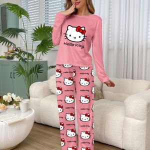 Sanrio Dames Pyjama Set met Print, Lange Mouwen Ronde Hals Top en Broek, Comfortabele Losse Pasvorm, Sanrio Herfst/Winter Stijl