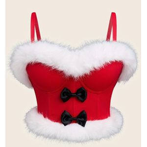 Kerstfeestelijke Spaghettibandjes Top met Nepbont Trim en Strik Detail, Licht Stretch Polyester, Reguliere Pasvorm, Ruwe , Casual Korte Lengte, Gevoerde - Vrouwelijke Weekend Casual Wear