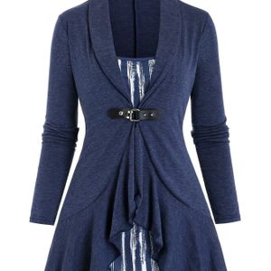 Dames Twee-Delige Top, Lange Mouw, , Bloemenprint, Shawl Kant, Gesp, Polyester 95%, Spandex 5%, Gebreide Stof, 180g/m², Herfst/Winter Seizoen