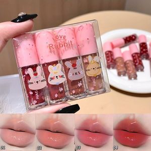 4- Schattig Konijn Glanzende Hydraterende Lipgloss Makkelijk te Kleuren Spiegel Lippenstift Vrouwen -up Set Studenten Lipgloss Geschenkdoos