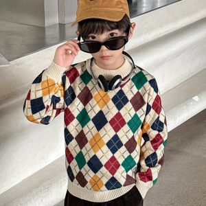 Nieuwe herfst- en wintertrui voor jongens, stijlvolle Koreaanse versie met diamantpatroon, fleecegevoerde top met ronde hals, perfect om te layeren.
