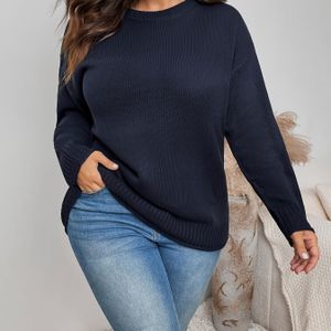 Plus Size Kleur Gebreide Trui, Eenvoudige Casual Lange Mouw Pullover Trui, Dames Plus Size Kleding