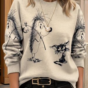 Dames All- Lange Mouwen Universele Crew Neck Lichtgewicht Trui, Trendy Kleding, Ultra HD Cartoon Egel En Kat , Perfect voor Casual Elegante Stijl Outfits - Geschikt voor Alle Seizoenen