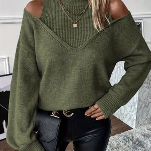 Slanke Pasvorm Halflange Trui voor Vrouwen, Kleur, Off-Shoulder