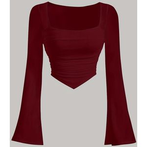 Vrouwen Elegante Vierkante Hals Kleur T-Shirt, Polyester Breiselstof, Korte Lengte, Rekbaar Slim Fit, Lente/Herfst Mode Top