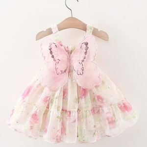 Dit zomerse feeëriekleed heeft een 3D vlinderwingenontwerp, perfect voor zoete verjaardagsfeestjes en avondkleding, stijlvolle spaghetti-riemprinsessenrok voor meisjes van 0-3 jaar.
