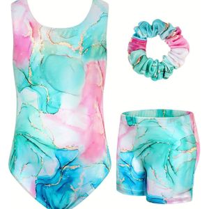 Meisjes 3-delige rekbare en aansluitende gymnastiekoutfit, kleurrijke waterverfschildering mouwloos turnpakje & strakke shorts & haarband voor optreden