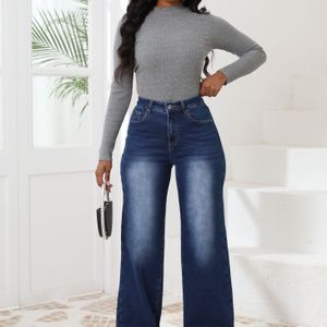 Vrouwen High-Waisted Lange Jeans Met Stretch Stof, Rayon, En Polyester , Hoge Taille, Rechte Pijp, Rits Sluiting, Casual Winter Broek