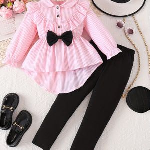 Outdoor Tweedelige Set voor Meisjes, Modieuze Lente/Herfst Gestreepte Half-Zip Cardigan met Strikversiering, Lange Mouwen A-Lijn Top met Trekkoord + Broek, Perfect voor Buiten