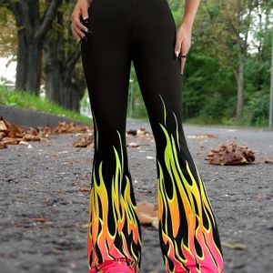 Plus Size Damesbroek met Hoge Taille en Levendige Vlamprint - Rekbare Polyester, Slim-Fit Enkel Lengte, Machinewasbaar, Casual & Vakantiekleding voor Alle Seizoenen, Retro Flared Stijl