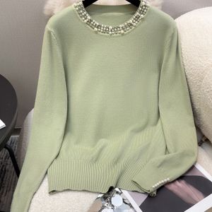 Vrouwen's Slim-Fit Beaded Casual Trui - Lange Mouw Ronde Hals Pullover met Medium Stretch, Kleur Top voor Layering & Casual Kleding, Dure Gebreide Sweaters