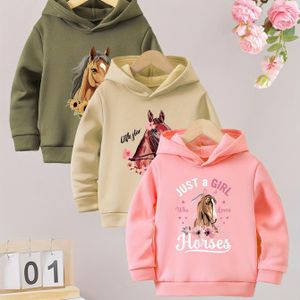 Druppelset van Stuks Meisjes' Verstevigde Hoodies Herfst en Winter Kinderen's Capuchons met Cartoon Paardprint Losse Casual Jas voor 3-12 Jaar Oud