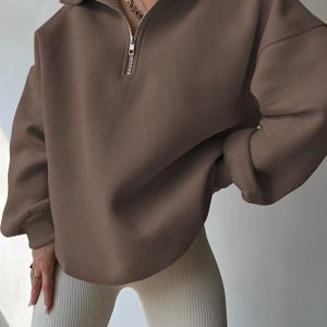 Vrouwen Casual Loose Fit Sweatshirt met Contrast Kragen - Beige, Lange Mouw, Half-Zip Pullover voor , Comfortabele Kleding | Relaxed Fit Sweatshirt | Gladde Textuur Stof