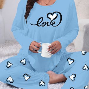 Plus Size Casual Truienpyjama's voor Vrouwen, Cozy Hartprint Lange Mouw Top en Broek Lounge Slaapwear, Polyester 95% 5% Licht Rekbaar, Herfstseizoen Comfortabele Pasvorm