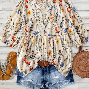 Women's Floral Print V-neck Blouse - Elegant Long Sleeve Shirt With Hem, Lightweight Polyester Fabric, Summer Vacations And Casual Outfits, Ladies Blouses