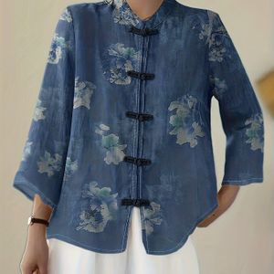 Dames Vintage Chinese Mandarijnkraag Tang Suit Top, Literair en Modieus Ontwerp, Elegante Casual Kleding, Herfst Winter Onderkleding, Kerstmis Thanksgiving Outfit, 100% , Gedrukt Shirt