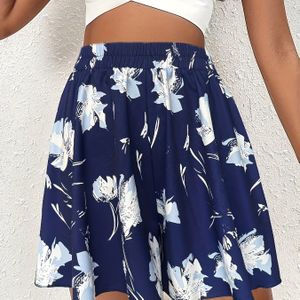 Dames tropische bloemenprint skort - Hoge taille, trekkoord, lichtgewicht polyester, casual zomer strandkleding, marineblauw met witte bloemen, strand skort | Bloemenprint rok | Lichtgewicht stof