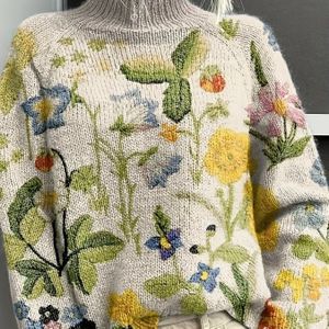 Elegante dames trui met hoge hals en lange mouwen, levendige bloemenprint - Comfortabele herfst/winter pullover, machinewasbaar, casual tot formele kleding, wintertrui