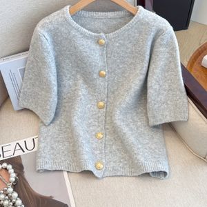 Dames Zachte Vest met Knoopsluiting - Lichtgrijze Kleur Korte Mouw Ronde Hals Trui, Casual Zomer Top met Goudkleurige Knopen