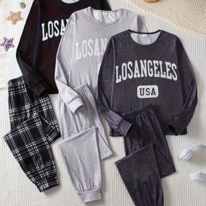 Willekeurige 2 stuks Nieuwe Trendy Jongens Pyjama Set met Zwarte en Grijze Letterprint Lange Mouwen Broek, Comfortabele Thuisoutfit voor Tieners